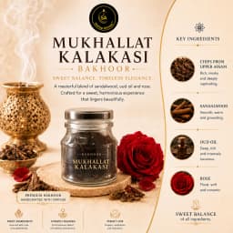 A striking cinematic shot of a clear glass jar filled with Mukhallat Kalakasi Bakhoor incense fragments resting on a textured black slate pedestal, flanked by a smoking ornate golden burner and two lush red roses.