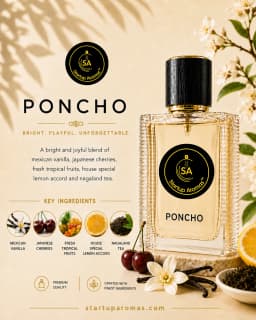 A premium bottle of Poncho luxury perfume by Startup Aromas, filled with golden juice and displayed on a light stone platform. The bottle is framed by fresh red cherries, whole vanilla beans, a white blossom, a bowl of tea leaves, and a slice of lemon aga