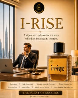 A premium bottle of I-Rise luxury perfume with a yellow-gold label, resting prominently on a sleek wooden executive desk. In the background, a sharp businessman in a suit sits thoughtfully at his laptop in a high-rise office overlooking a city skyline.