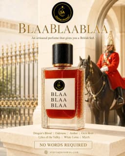 A striking cinematic shot of the BlaaBlaaBlaa luxury perfume bottle filled with rich crimson liquid, standing on a dark stone plinth against a atmospheric British street background featuring a Royal Guard mounted on a black horse.