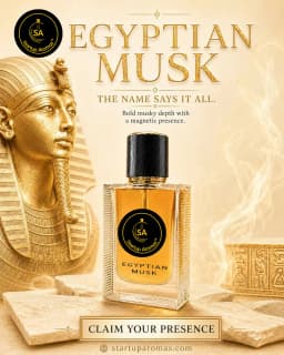 A premium quality luxury perfume bottle of Egyptian Musk, styled dramatically on dark stone next to a golden pharaoh statue and rising tendrils of amber smoke.