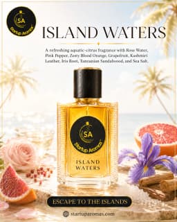 A striking bottle of high-luxury artisanal perfume displayed on sunlit stone, styled with rare, raw materials including exotic citrus, sea salt, and sandalwood.
