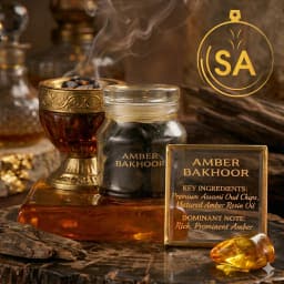 A high-luxury product display featuring a clear glass jar of Amber Bakhoor wood chips resting on a polished amber block next to a smoking golden censer and a smooth, translucent amber gemstone.