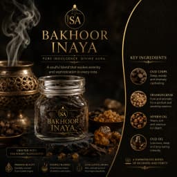 A striking cinematic shot of a clear glass jar filled with Bakhoor Inaya incense chips resting on a dark stone pedestal, flanked by a smoking ornate golden burner and raw resin crystals.