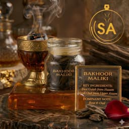 An elegant glass bottle of Bakhoor Maliki incense chips resting on a polished amber block next to a smoking golden chalice, accompanied by raw wood chunks and a soft red rose petal