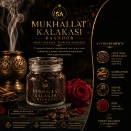 A striking cinematic shot of a clear glass jar filled with Mukhallat Kalakasi Bakhoor incense fragments resting on a textured black slate pedestal, flanked by a smoking ornate golden burner and two lush red roses.