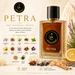 A premium bottle of Petra luxury perfume by Startup Aromas, filled with dark amber juice and displayed on raw, volcanic stone slabs. The bottle is framed by its scarce raw ingredients, including frankincense resins, juniper berries, star anise, lavender s