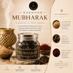 A striking cinematic shot of a clear glass jar filled with Bakhoor Mubharak incense chips resting on a textured stone pedestal, flanked by a steaming ivory burner, golden resin spheres, and a small bowl of crimson saffron threads.