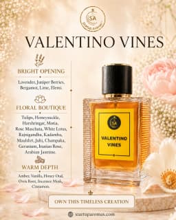 Valentino Vines luxury perfume bottle with a vibrant yellow label by Startup Aromas, beautifully placed on a marble podium. The background features delicate white baby's breath and pink roses, alongside listed fragrance layers for Bright Opening, Floral B