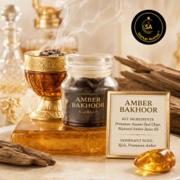 A high-luxury product display featuring a clear glass jar of Amber Bakhoor wood chips resting on a polished amber block next to a smoking golden censer and a smooth, translucent amber gemstone.