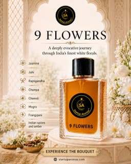 An elegant glass bottle of 9 Flowers luxury perfume filled with rich golden juice, standing on an intricately carved ivory marble plinth surrounded by fresh white blooms, star anise, and raw spices within an opulent palace terrace setting.