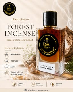 Product display for Forest Incense perfume by Startup Aromas. A clear fluted glass bottle filled with rich golden fragrance sits on raw forest moss surrounded by pine cones, frankincense resins, and subtle wisps of incense against a soft cream background.