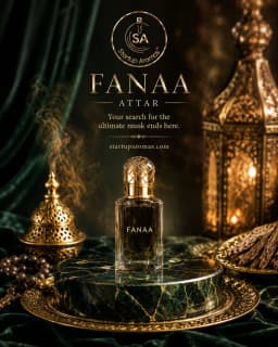 Fanaa luxury attar oil bottle by Startup Aromas, beautifully displayed on a circular green marble podium over a gold filigree plate. The backdrop features rich emerald green velvet drapes, a smoking golden incense burner, traditional prayer beads, and an