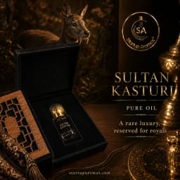 Sultan Kasturi Pure Oil luxury fragrance bottle by Startup Aromas, nestled inside an open premium black presentation box with an ornate wooden lid on a dark table surface. The background showcases a majestic musk deer alongside an intricate gold tradition